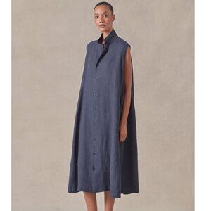 Eskandar Blue Linen Sleeveless Button Up Caucasus Shirt Dress with Pockets sz L